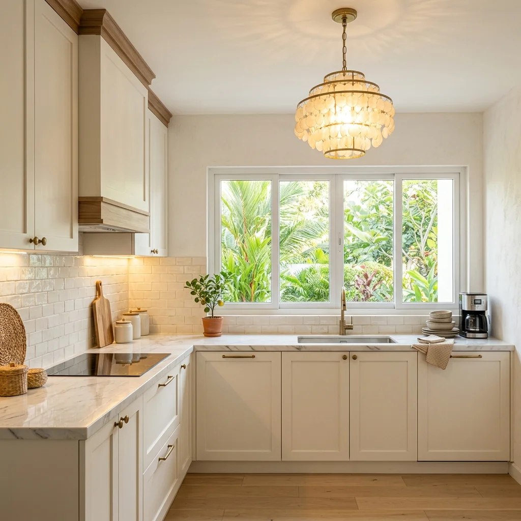 Custom kitchen cabinets installed in a Philippine home — warm oak finish with marble countertop