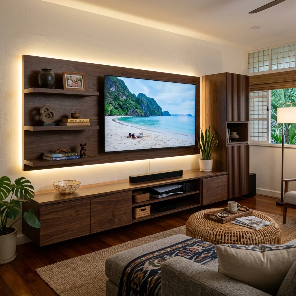 Custom TV entertainment center in a Filipino living room with walnut finish
